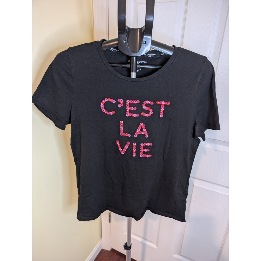 Karl Lagerfeld Paris T-Shirt Women Medium Black‎ Floral C'est La Vie Rhinestone